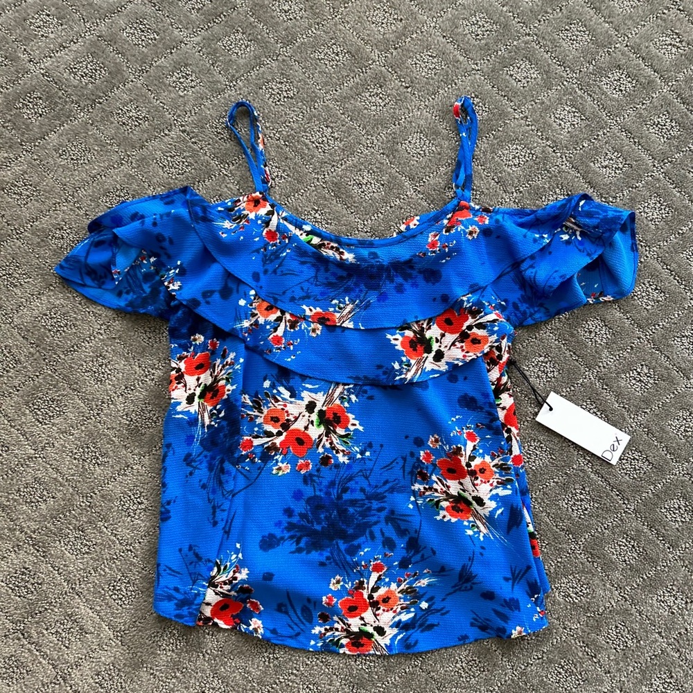 NWT Women’s Dex blue floral blouse top off the shoulder size s/p